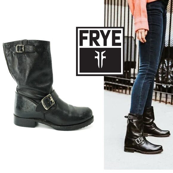 FRYE Boots Size 8 FRYE Veronica MOTO Vintage Black Leather Buckle Engineer Flat - Picture 1 of 9